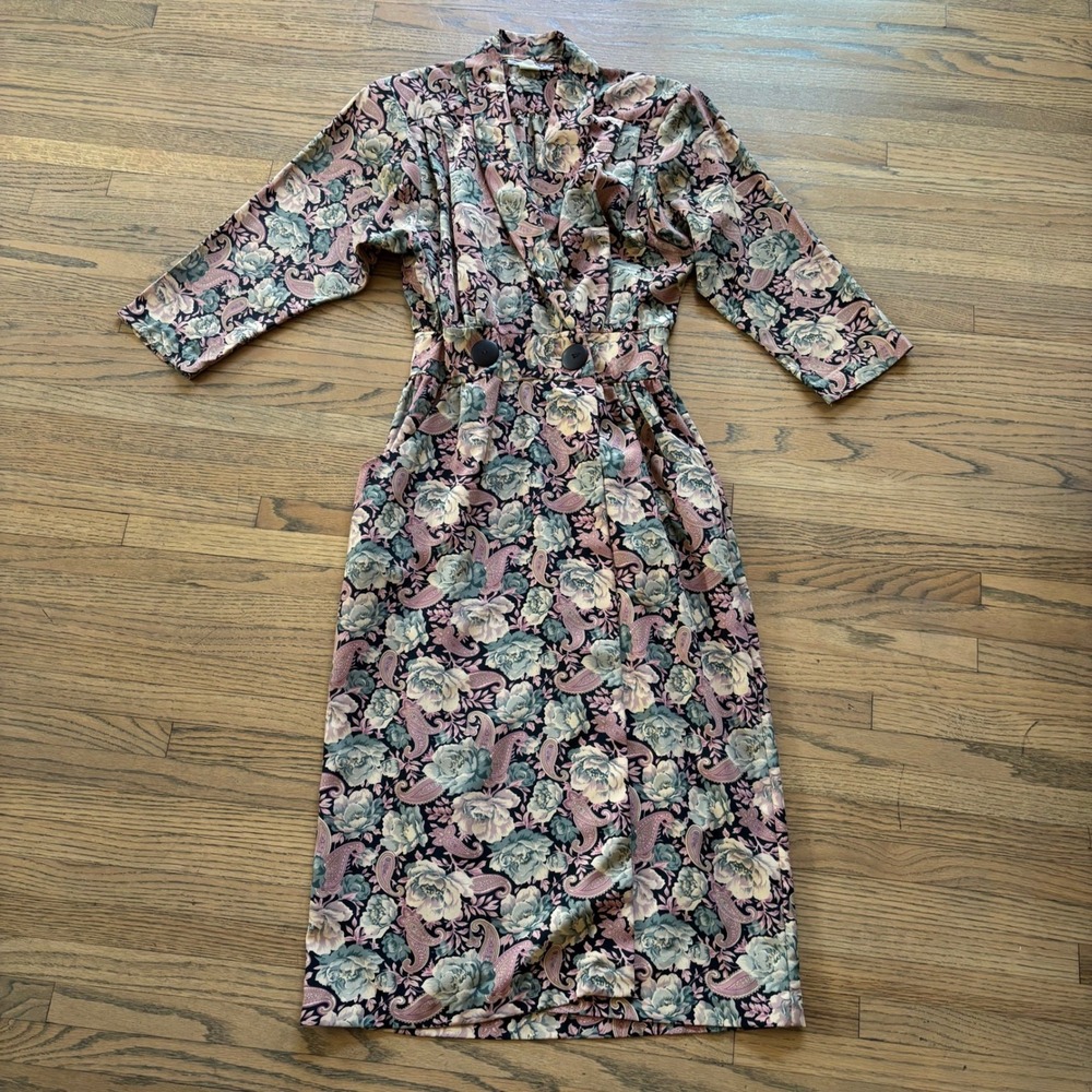 Sarah Taylor Vintage 80s Floral Paisley Midi Dress Purple‎ Blue Women Size 6 8